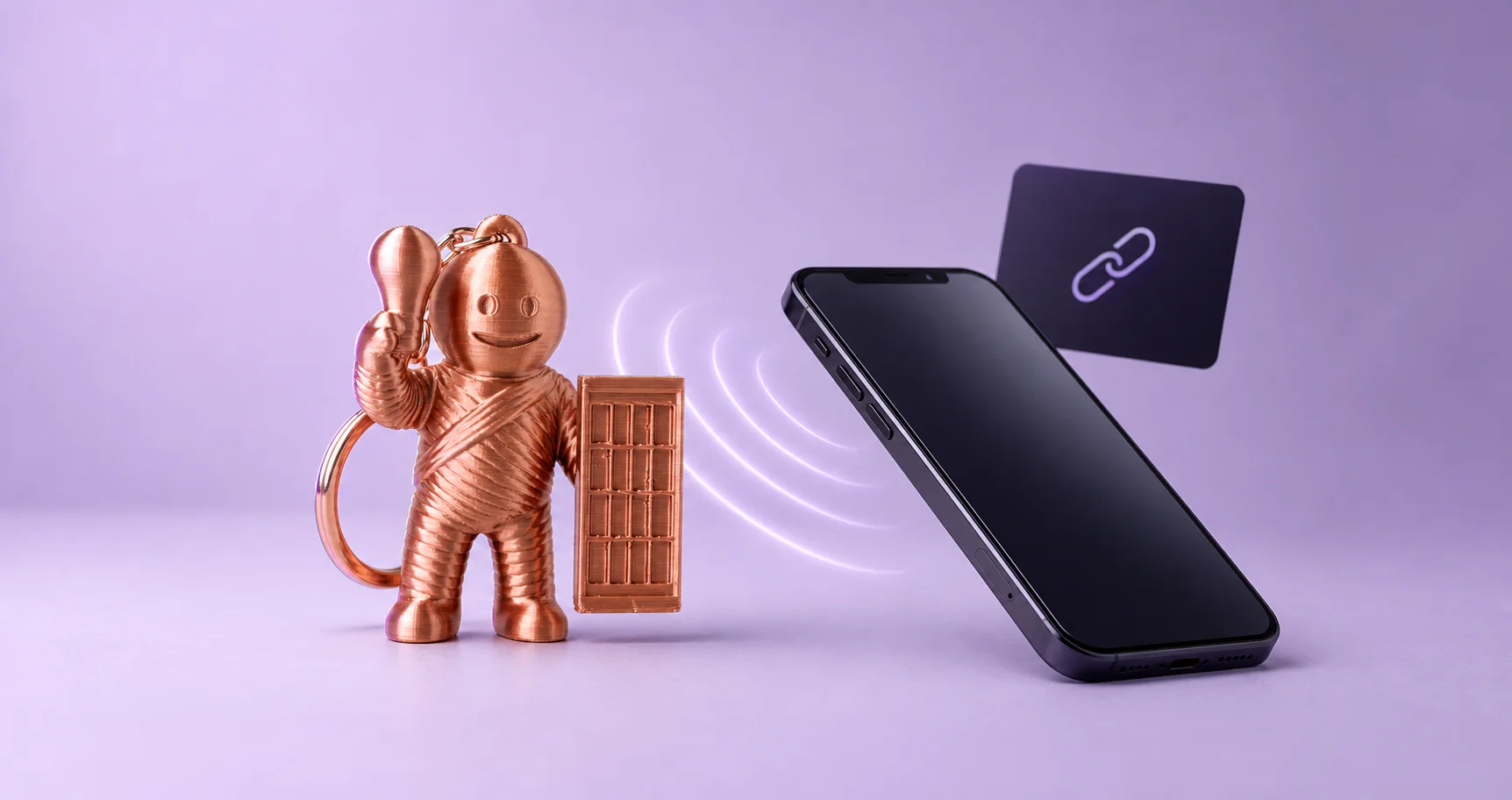 Copper corporate mascot keychain connecting to a digital experience through NFC