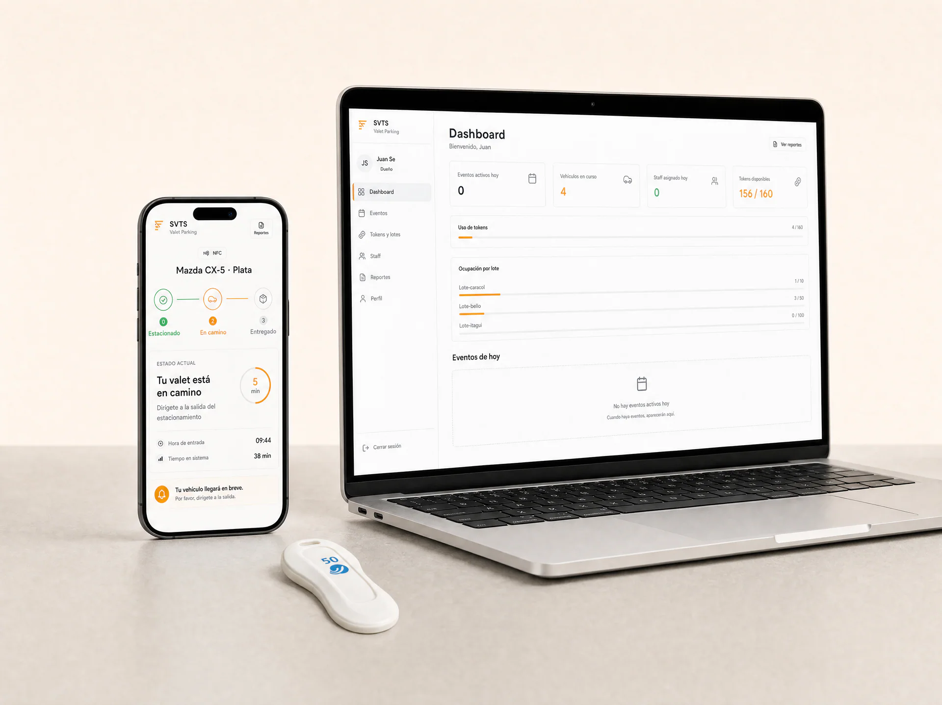 Smart Valet Token System shown across its mobile and desktop interfaces with an NFC token
